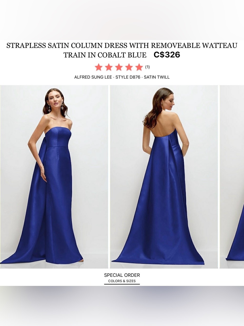 ALFRED SUNG Strapless Satin Column Gown in Cobalt Blue